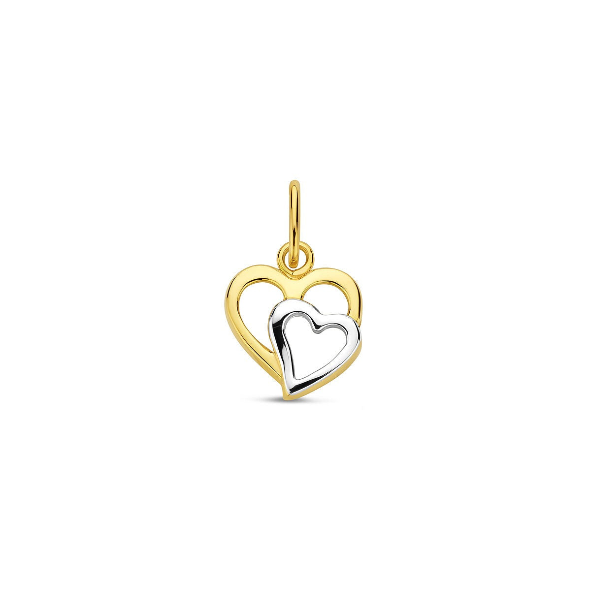 Bicolor Herzanhänger aus 9k Gold mit zwei ineinander verschlungenen Herzen in Gelbgold und Weißgold