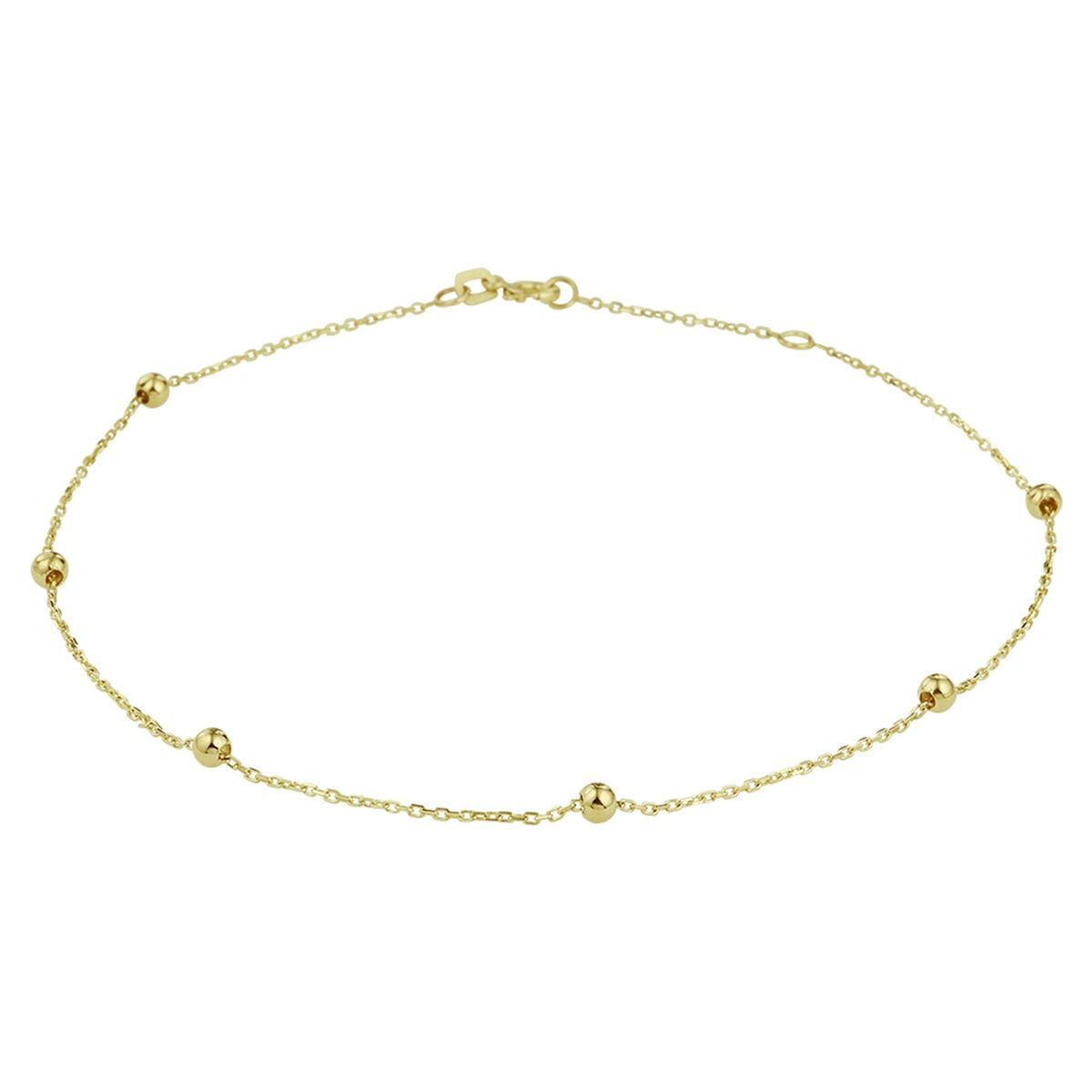 Damen-Anklet aus 9 Karat Gelbgold mit runden, goldenen Perlen und feiner Gliederkette