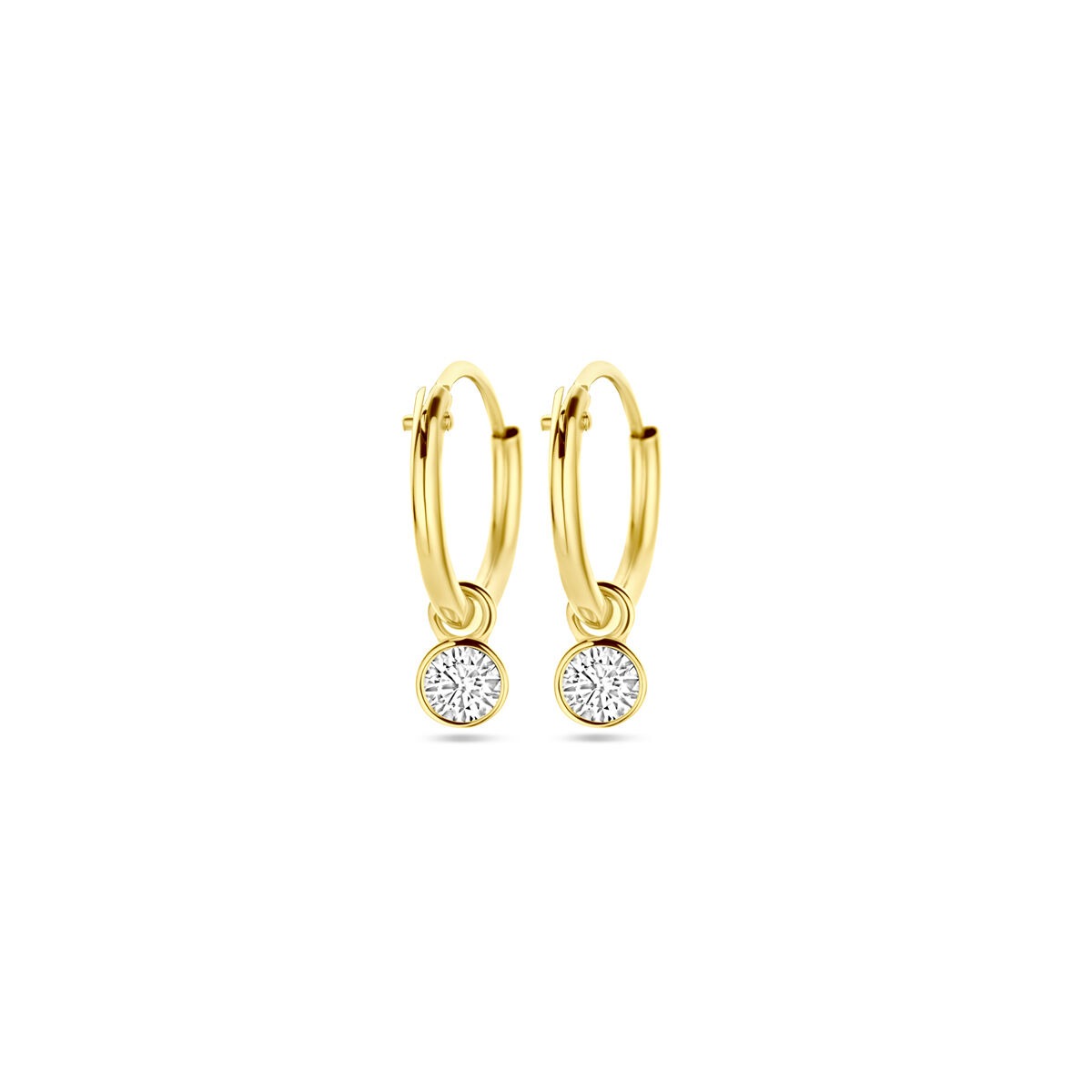 Goldene Ohrringe mit Zirkonia in 14k, runde Zirkonia in der Zarge, geschlossene Form