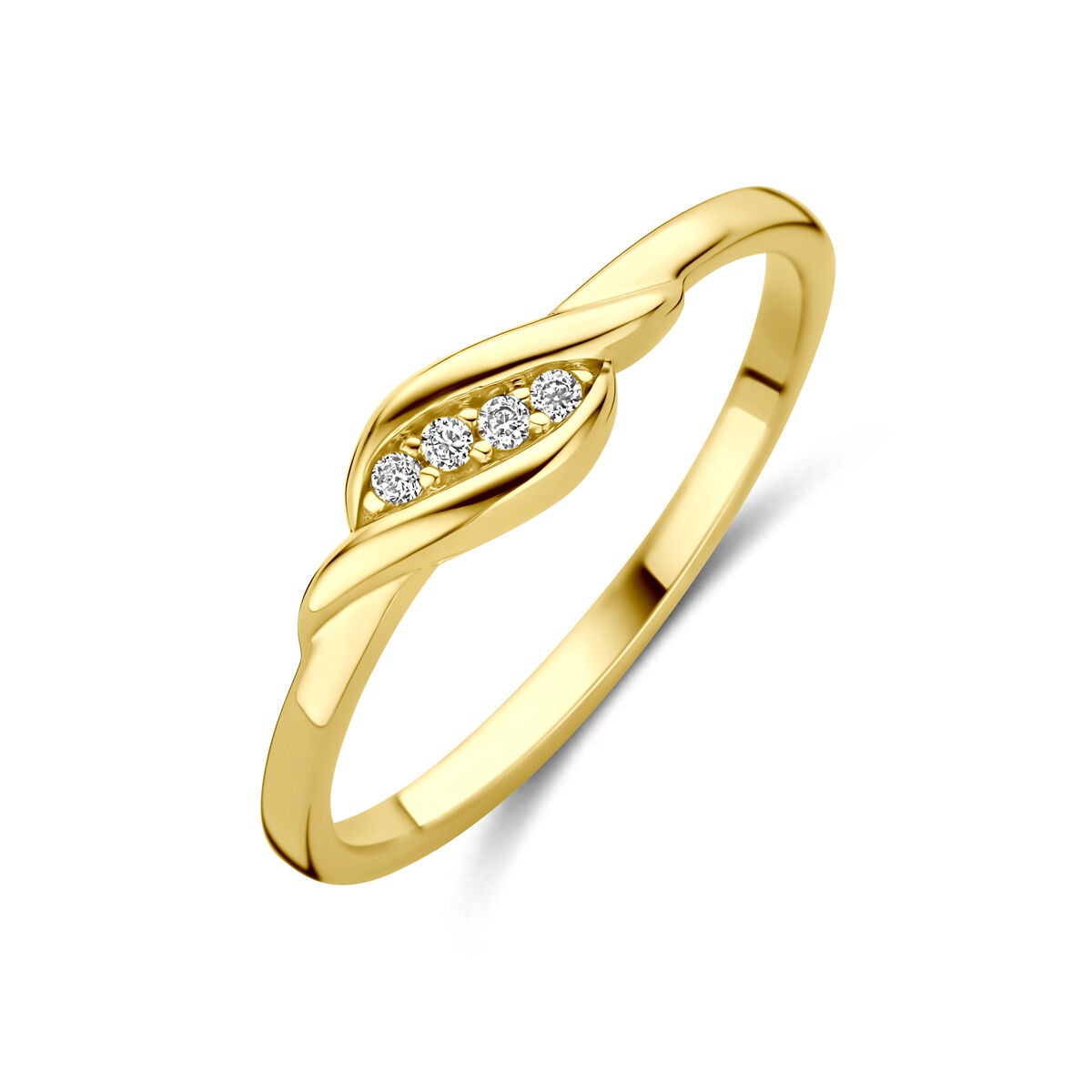 Ring aus 9k Gelbgold mit Zirkonia-Entourage in geschwungener Form