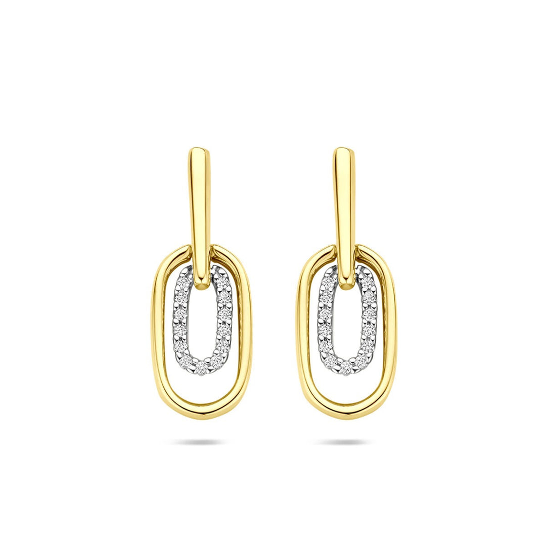 14k Bicolor oorhangers met diamant – geel- en witgoud, 0.08 ct, 20 mm hoog