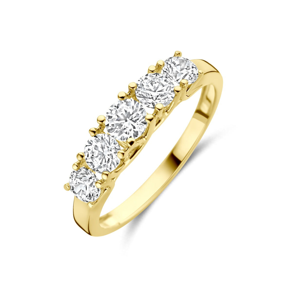 Damenring aus 14k Gelbgold mit fünf runden Zirkonia in klarer Fassung