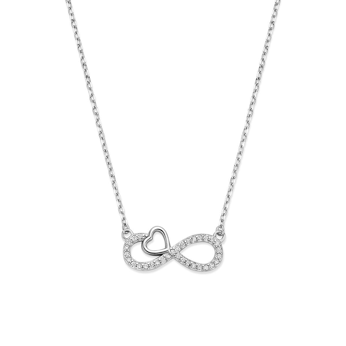 Halskette aus rhodiniertem 925er Silber mit Unendlichkeitssymbol, Herzchen und Zirkonia