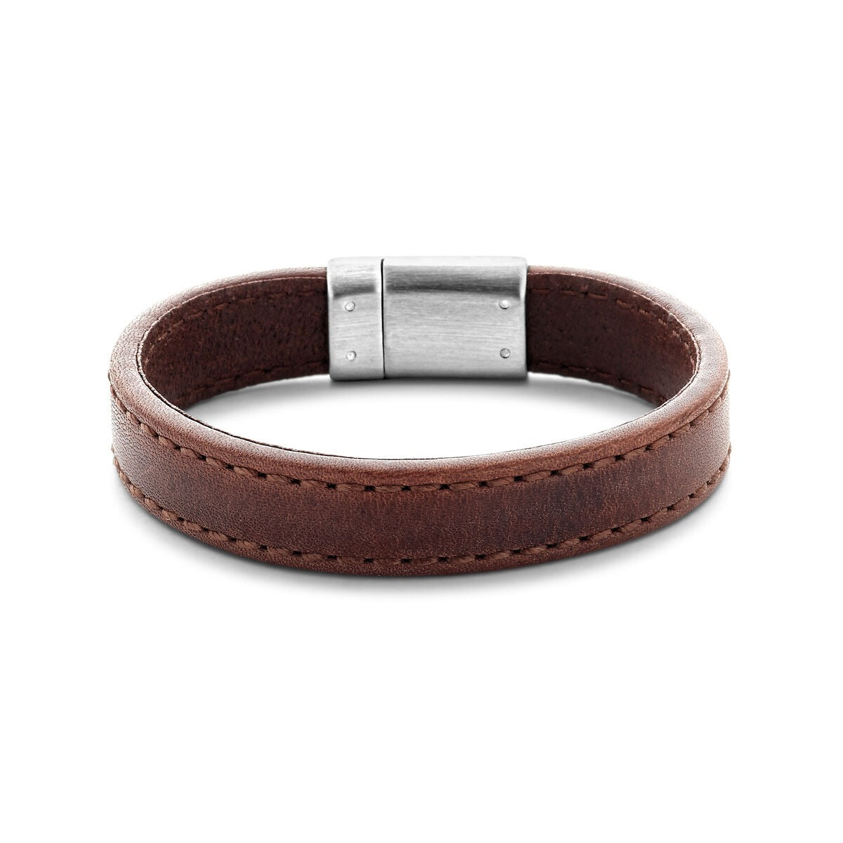 Dunkelbraunes Lederarmband für Herren mit Edelstahlverschluss und feiner Naht
