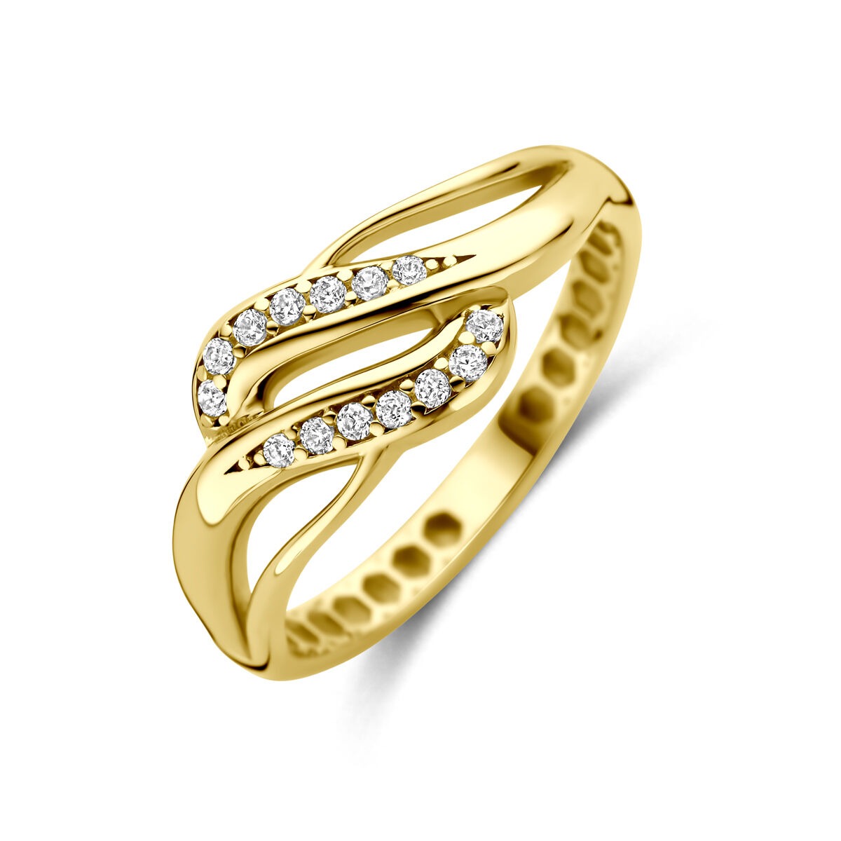 Damenring aus 14k Gelbgold mit Zirkonia in geschwungener Form und glänzender Oberfläche