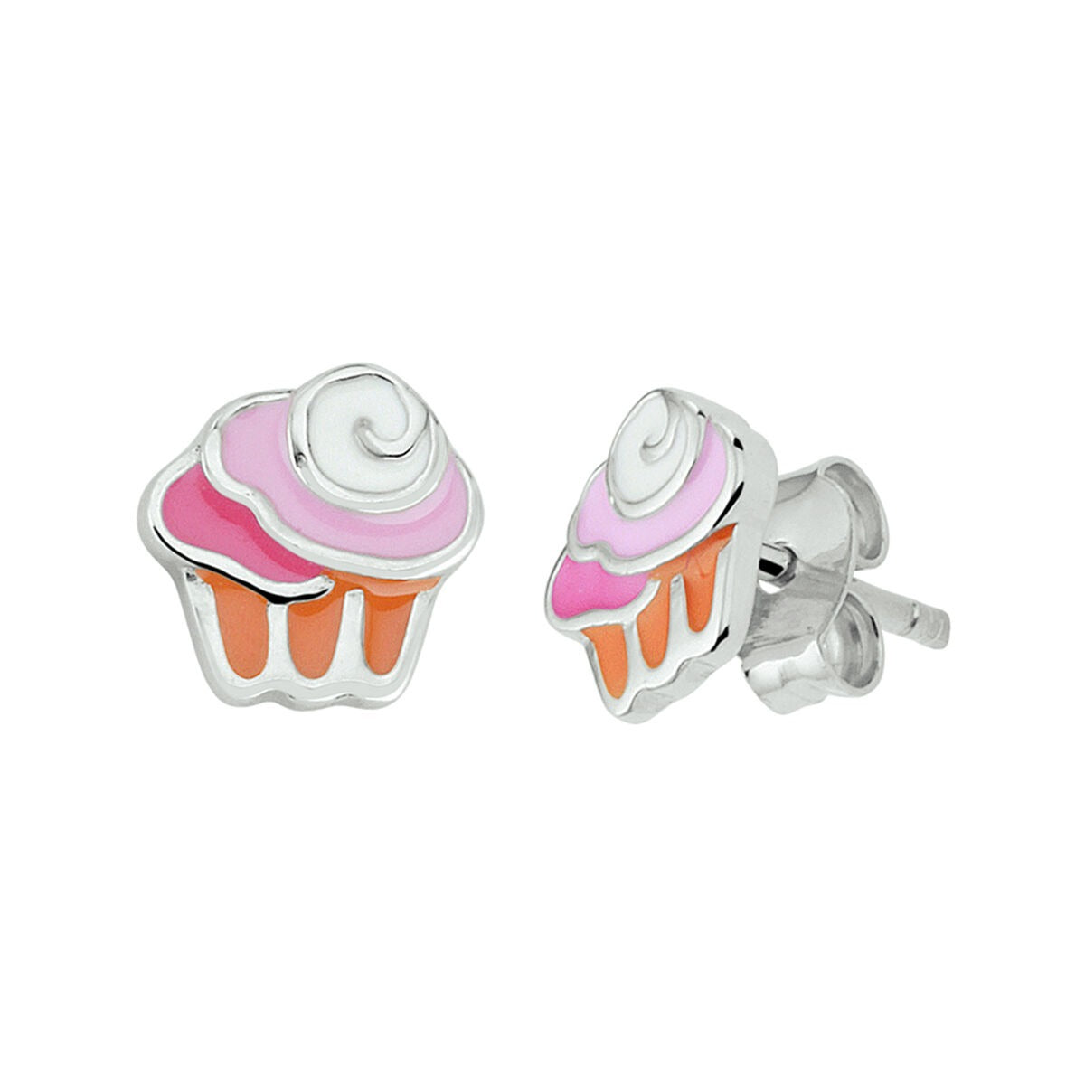 Gerhodineerte Silberne Ohrringe in Form eines Cupcakes mit buntem Emaille in Rosa und Orange