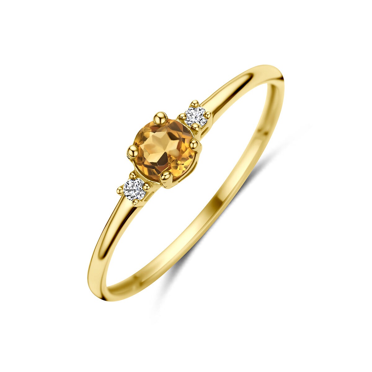 Ring aus 14k Gelbgold mit ovalem Citrin und zwei Zirkonia auf beiden Seiten