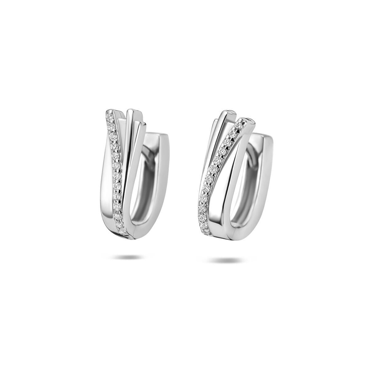 Gerhodinierte Klappohrringe aus 925er Silber mit Zirkonia in geschwungener Form