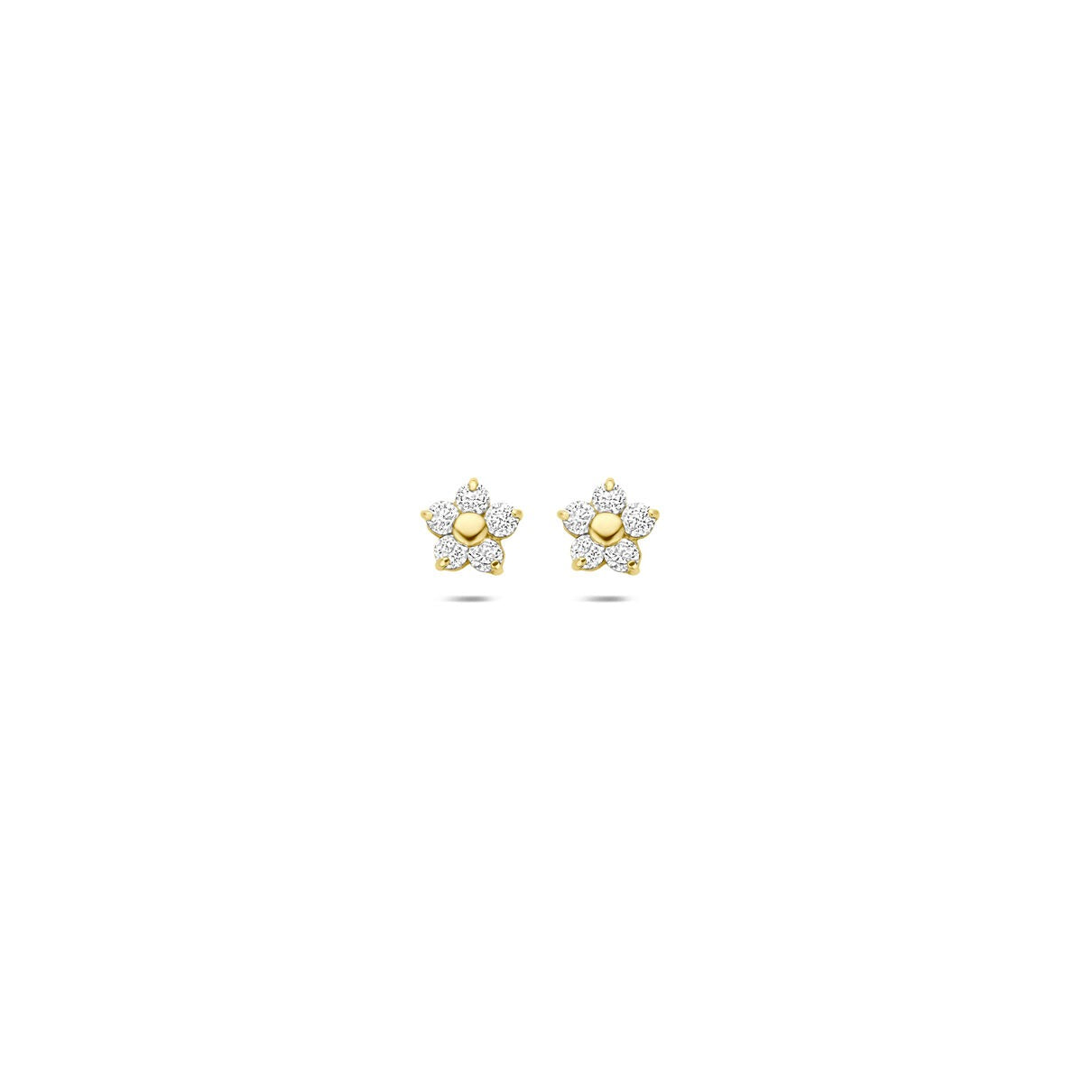 Goldene Blumen-Ohrstecker mit Zirkonia in 14k, blütenförmiges Design mit mehreren Steinen
