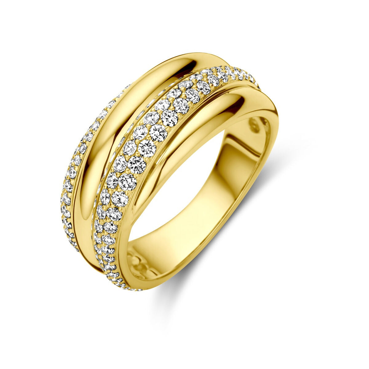 Ring aus 14k Gold mit 0,71 ct brillantgeschliffenen Diamanten und zwei geschwungenen Reihen