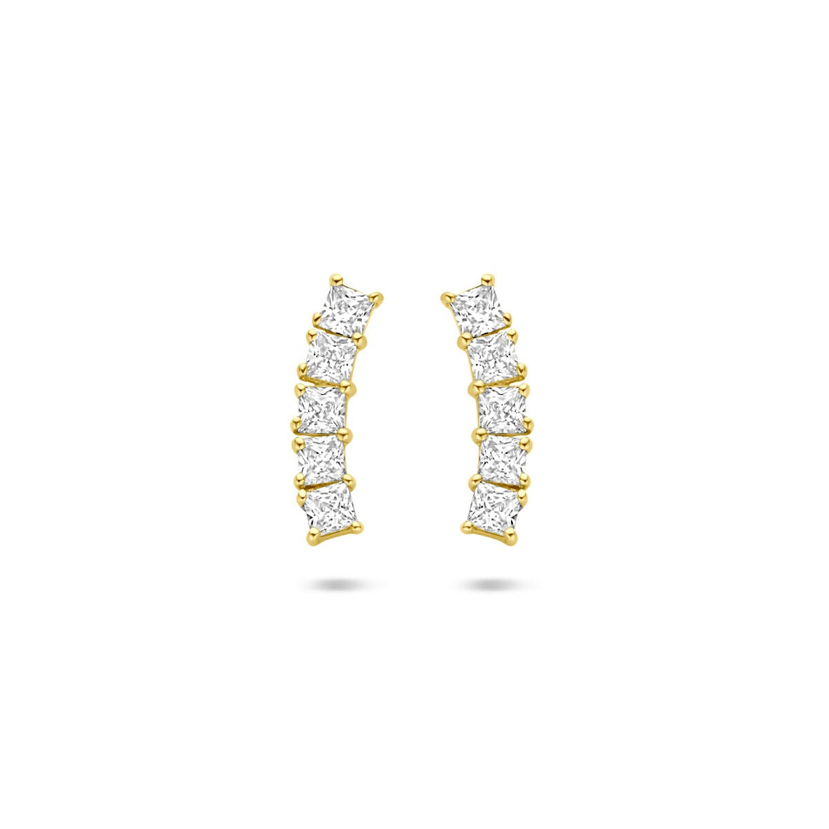 14k goldene Ohrstecker mit Zirkonia, 12 mm, in geschwungener Form mit mehreren funkelnden Steinen