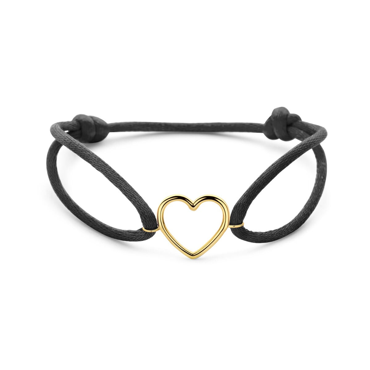 Schwarzes Satinarmband mit goldenem Herz aus 14K Gold, verstellbar von 13 bis 26 cm
