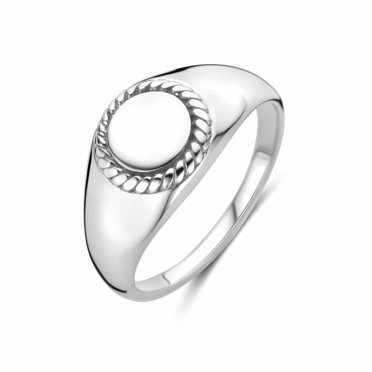 Silberne Damen-Siegelring aus rhodiniertem 925 Silber mit glatter, runder Oberfläche und gedrehtem Rand