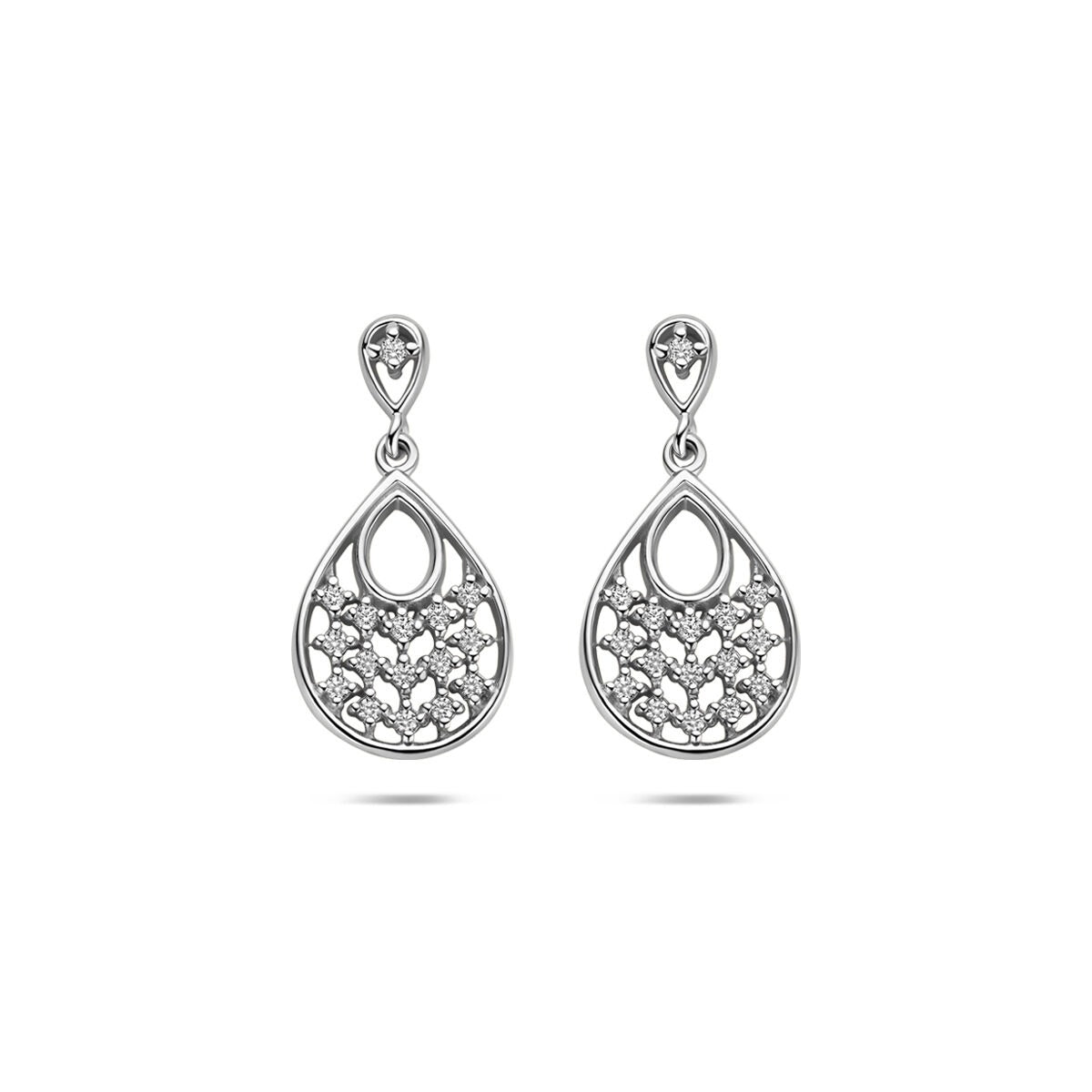 Gerhodineerde silberne Ohrringe mit Zirkonia in Tropfenform und filigranem Design