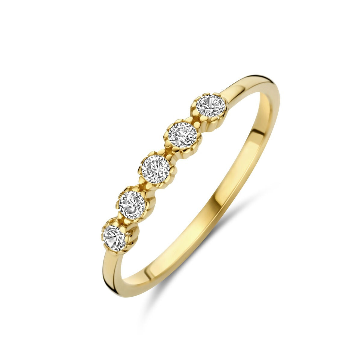 Ring aus 9 Karat Gelbgold mit fünf Zirkonia-Steinen in einer Reihe