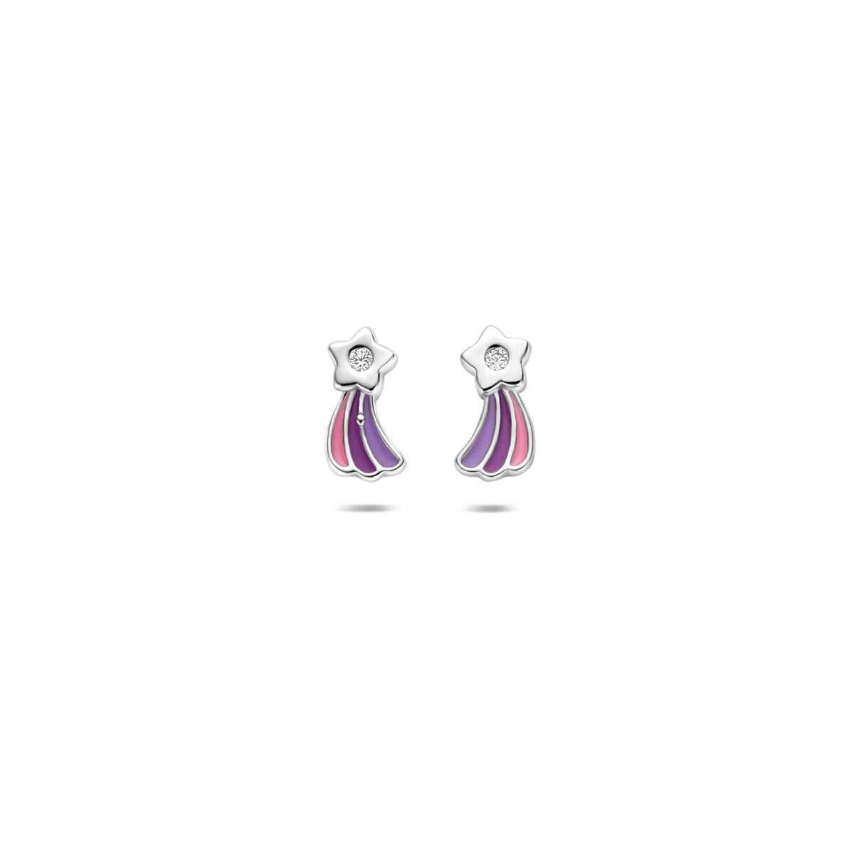 Gerhodinierte 925 Silberne Kinderohrringe in Form eines fallenden Sterns mit Zirkonia und Emaille in lila und pink