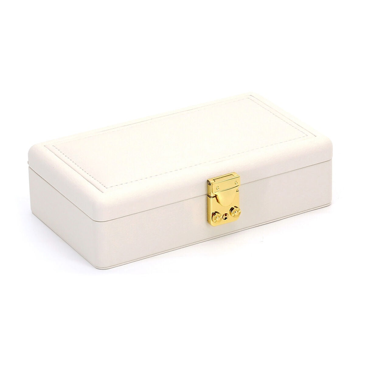 Beige Schmuckbox mit gelben Akzenten und goldfarbenem Verschluss, kompakt und stilvoll