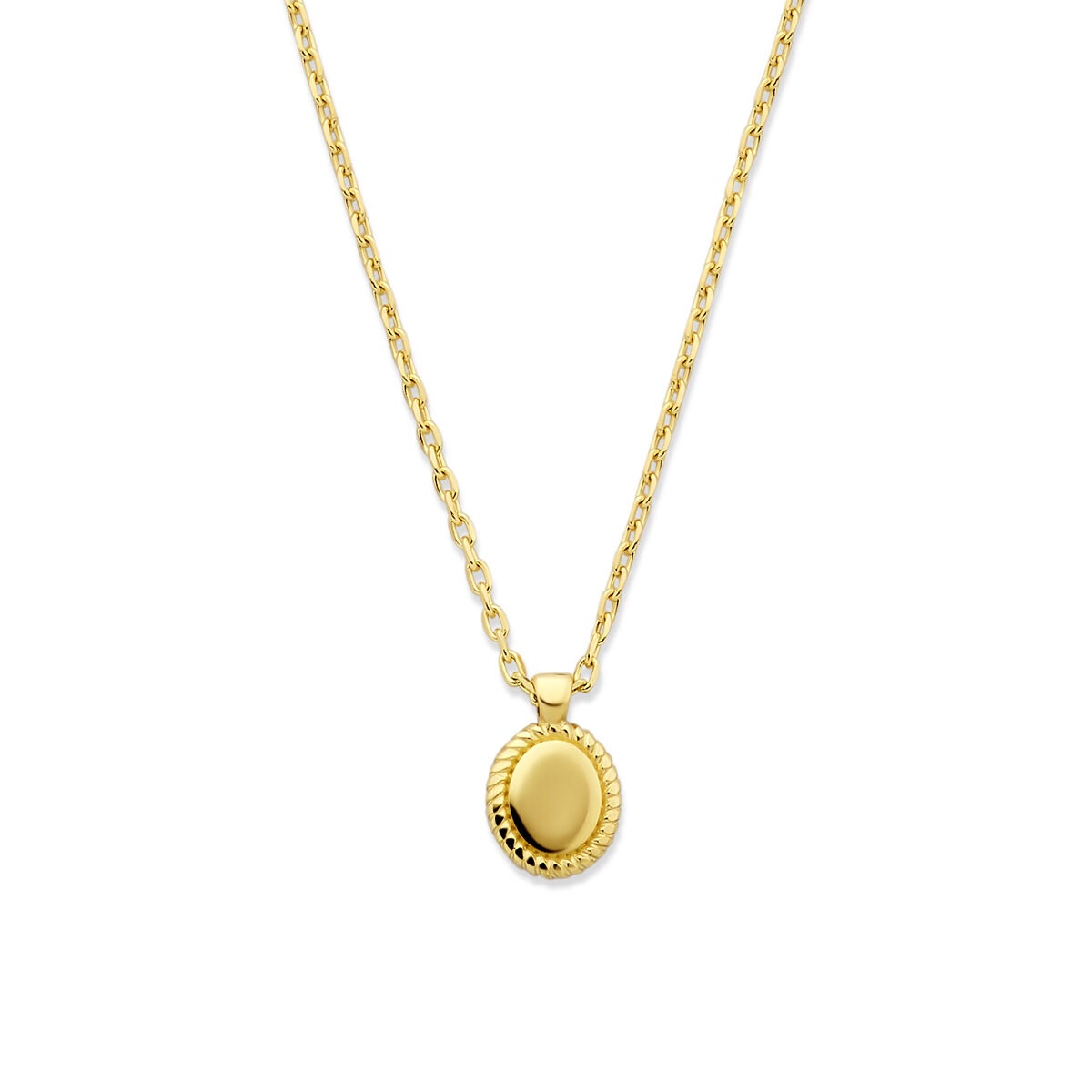 14k Gelbgoldenes Collier mit ovalem Anhänger und feiner Kettenstruktur