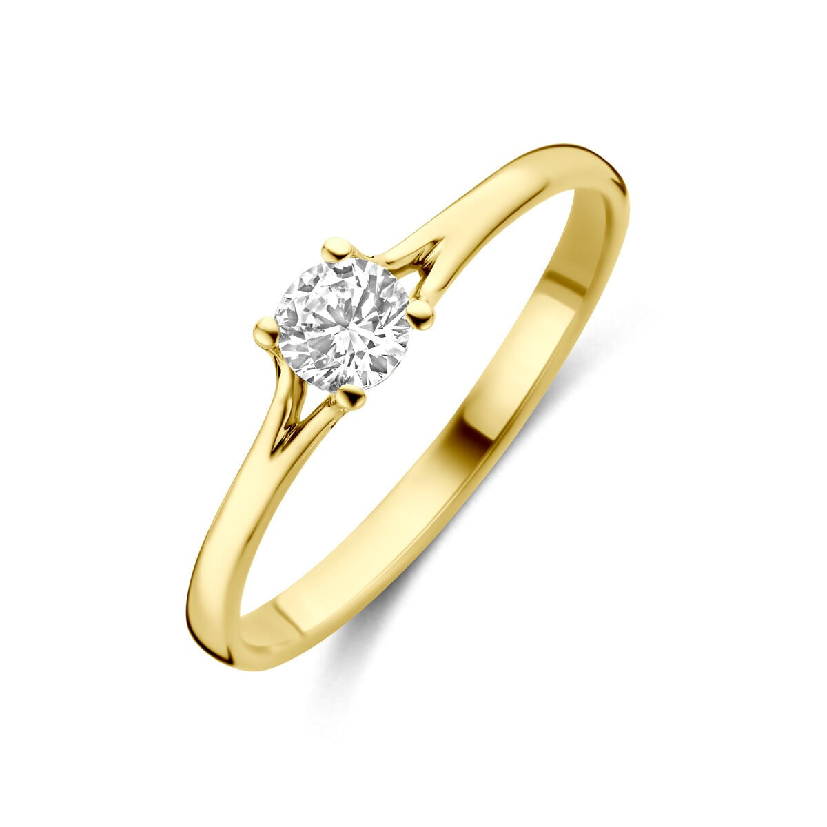 Damenring aus 14k Gelbgold mit rundem Zirkonia im klassischen Kranzsetting