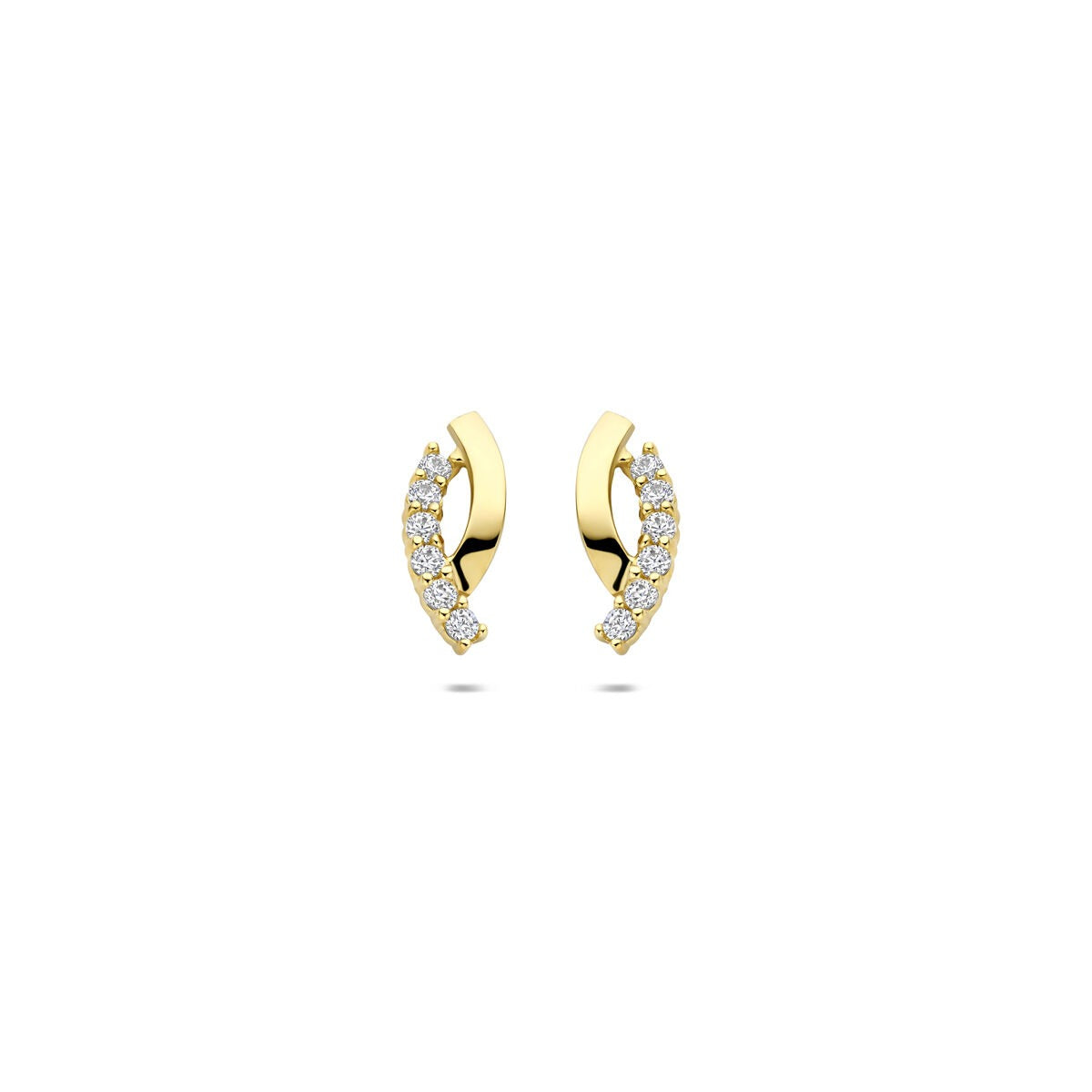 9k Ohrstecker aus Gelbgold mit Zirkonia, geschwungene Form und funkelnden Steinen