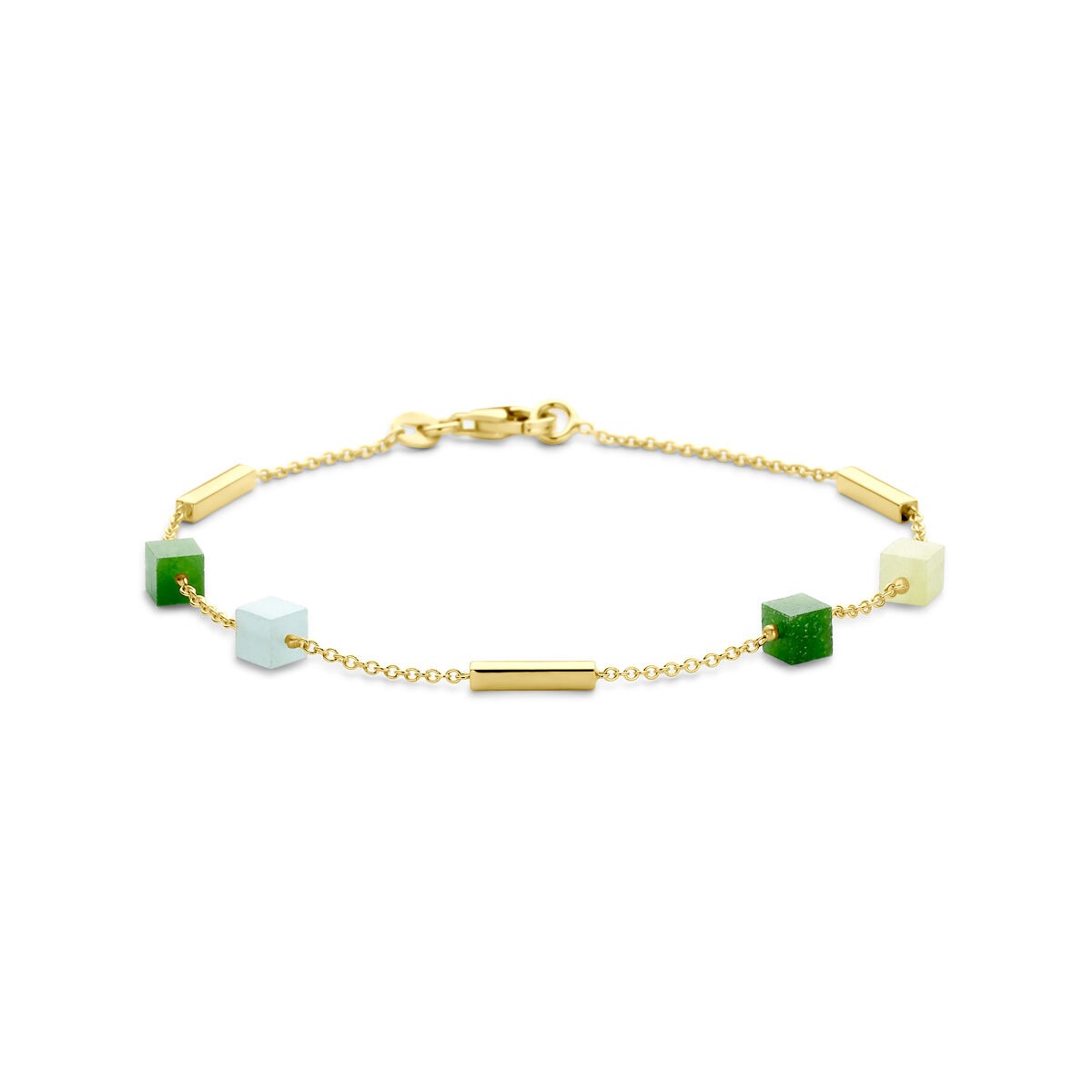 Goldenes 14k Armband mit blauen und grünen Quarzitsteinen, feine Gliederkette mit rechteckigen Elementen