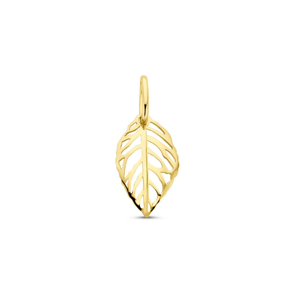 Hänger aus 14k Gelbgold in Form eines Blattes mit filigranem Design, 17 mm groß
