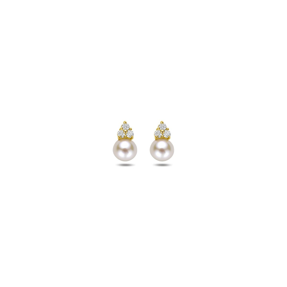 14k Gelbgoldene Damenohrringe mit einer Perle und Zirkonia, runde Form mit funkelnden Details