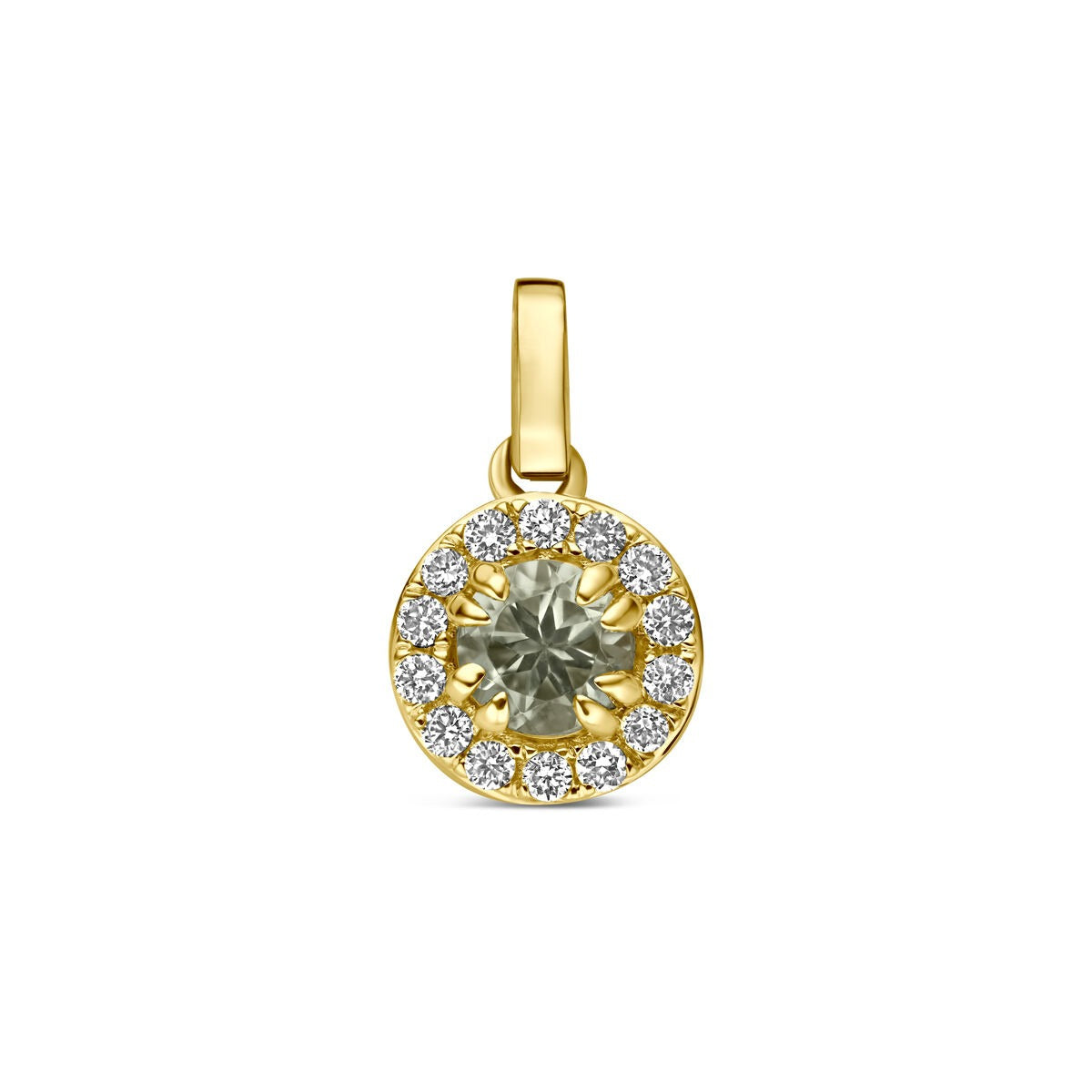 Hänger aus 14k Gelbgold mit grünem Amethyst und umgeben von kleinen Diamanten