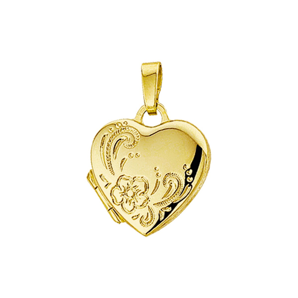 Herzförmiges Medaillon aus 14-karätigem Gelbgold mit floralem Muster und glänzender Oberfläche