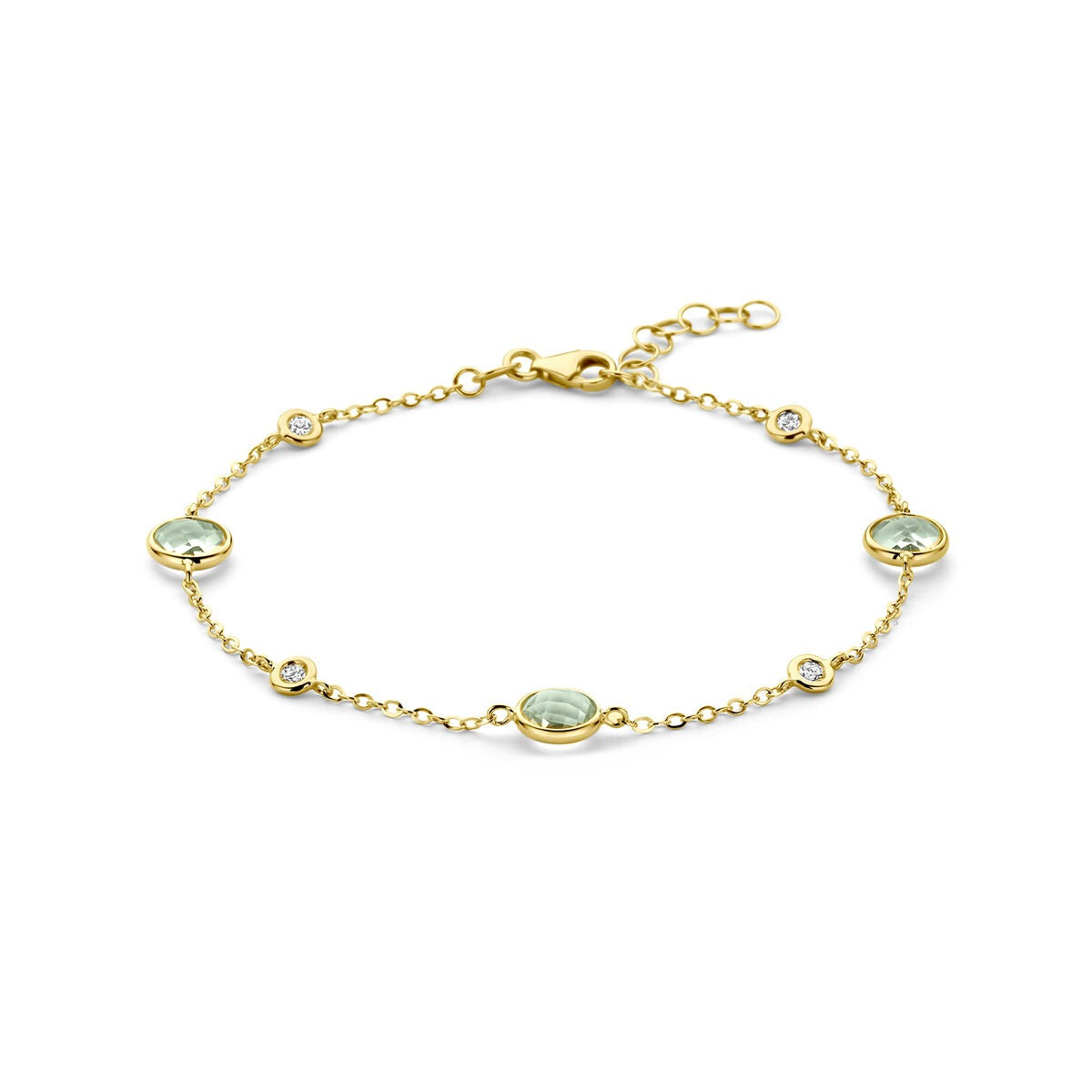 14k gelbgoldene Armband mit grünen Amethysten und Diamanten 0,20 ct