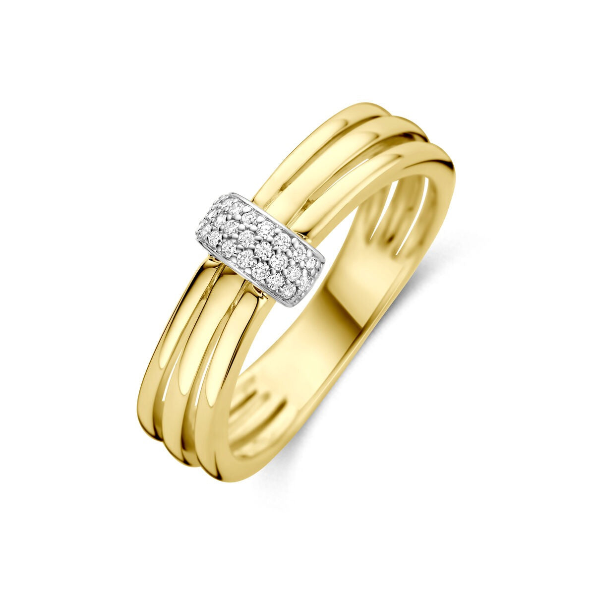 Bicolor Ring aus 14k Gelb- und Weißgold mit diamantbesetztem Mittelteil, 7 mm breit