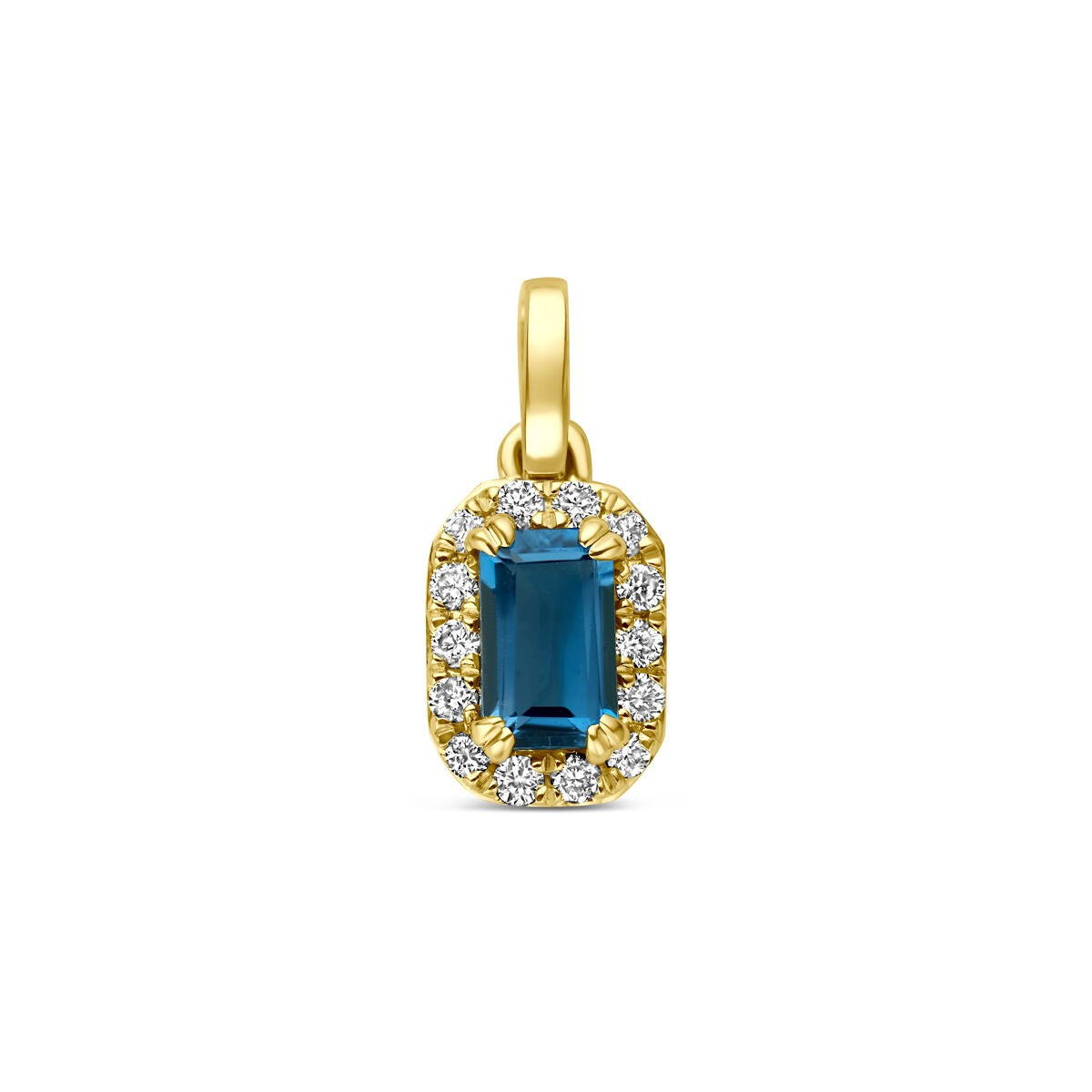Hänger aus 14k Gelbgold mit London Blue Topas und umgeben von kleinen Diamanten
