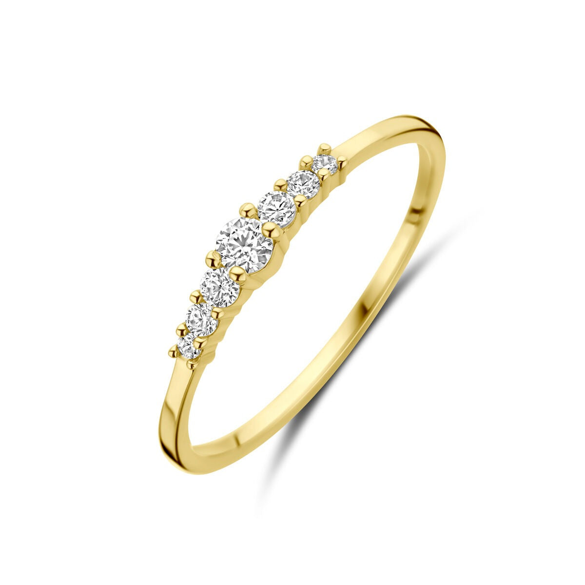 Ring aus 9 Karat Gelbgold mit Zirkonia-Steinen in einer geschwungenen Anordnung