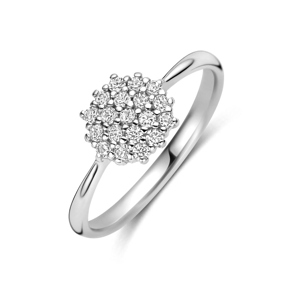Ring aus rhodiniertem 925 Silber mit Zirkonia in blumiger Form