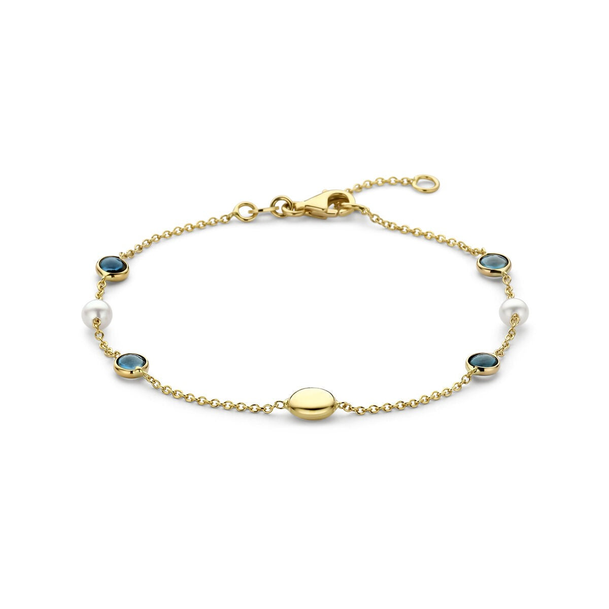 14k gelbgoldene Armband mit Perlen und London Blue Topasen