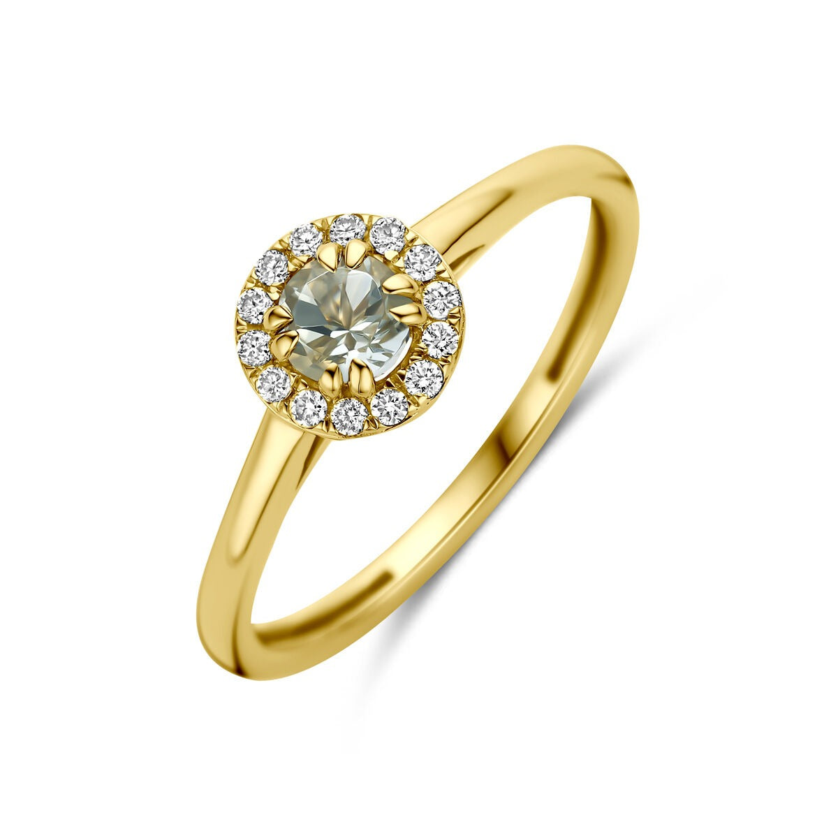Ring aus 14 Karat Gelbgold mit grünem Amethyst und Diamanten im Pavé-Setting