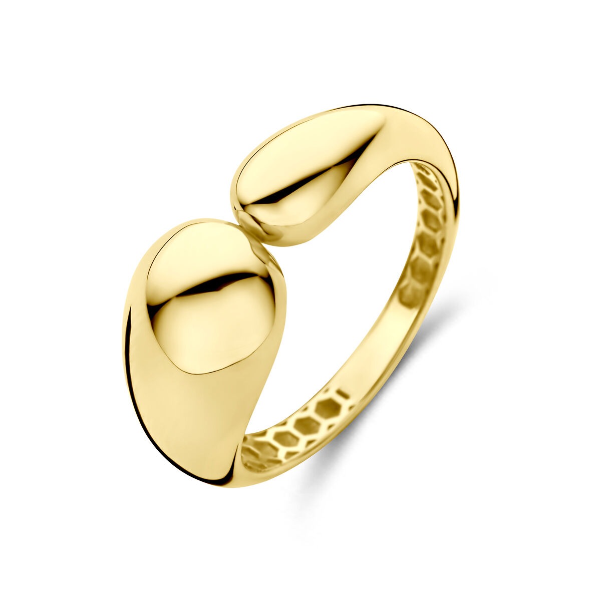 Damenring aus 14k Gold mit zwei geschwungenen Elementen und glänzender Oberfläche
