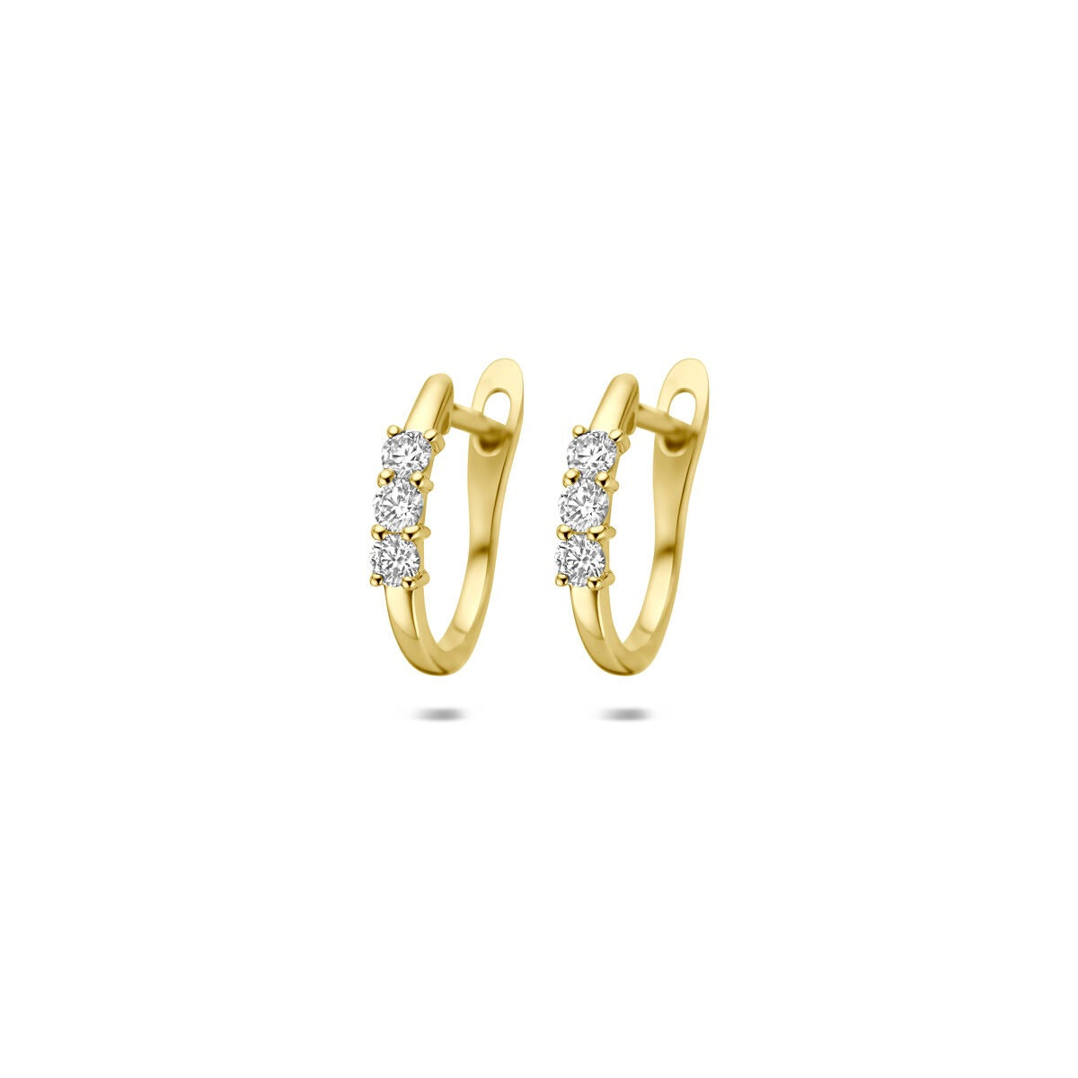 14k gelbgoldene Klappcreolen mit fünf kleinen Diamanten in einer Reihe