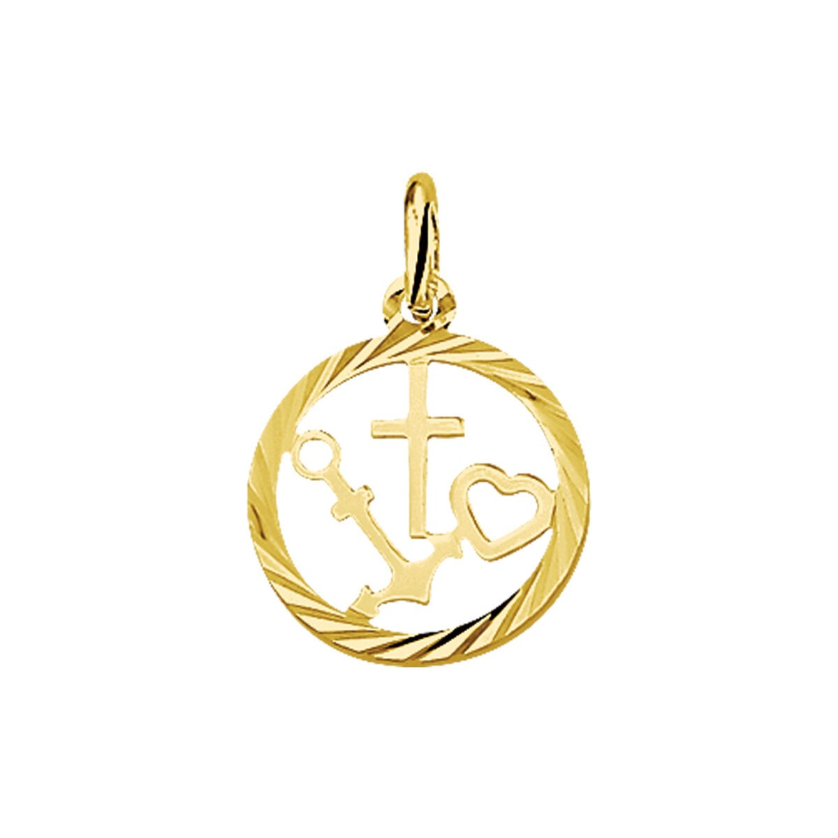 Runde 9k gelbgoldene Anhänger mit Symbolen für Glauben, Hoffnung und Liebe in einem gedrehten Design