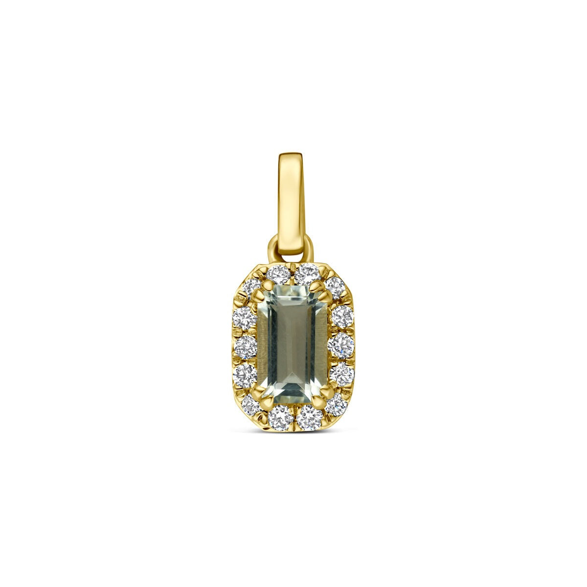 Hänger aus 14k Gelbgold mit grünem Amethyst und lab-grown Diamanten, rechteckige Form, funkelnde Details