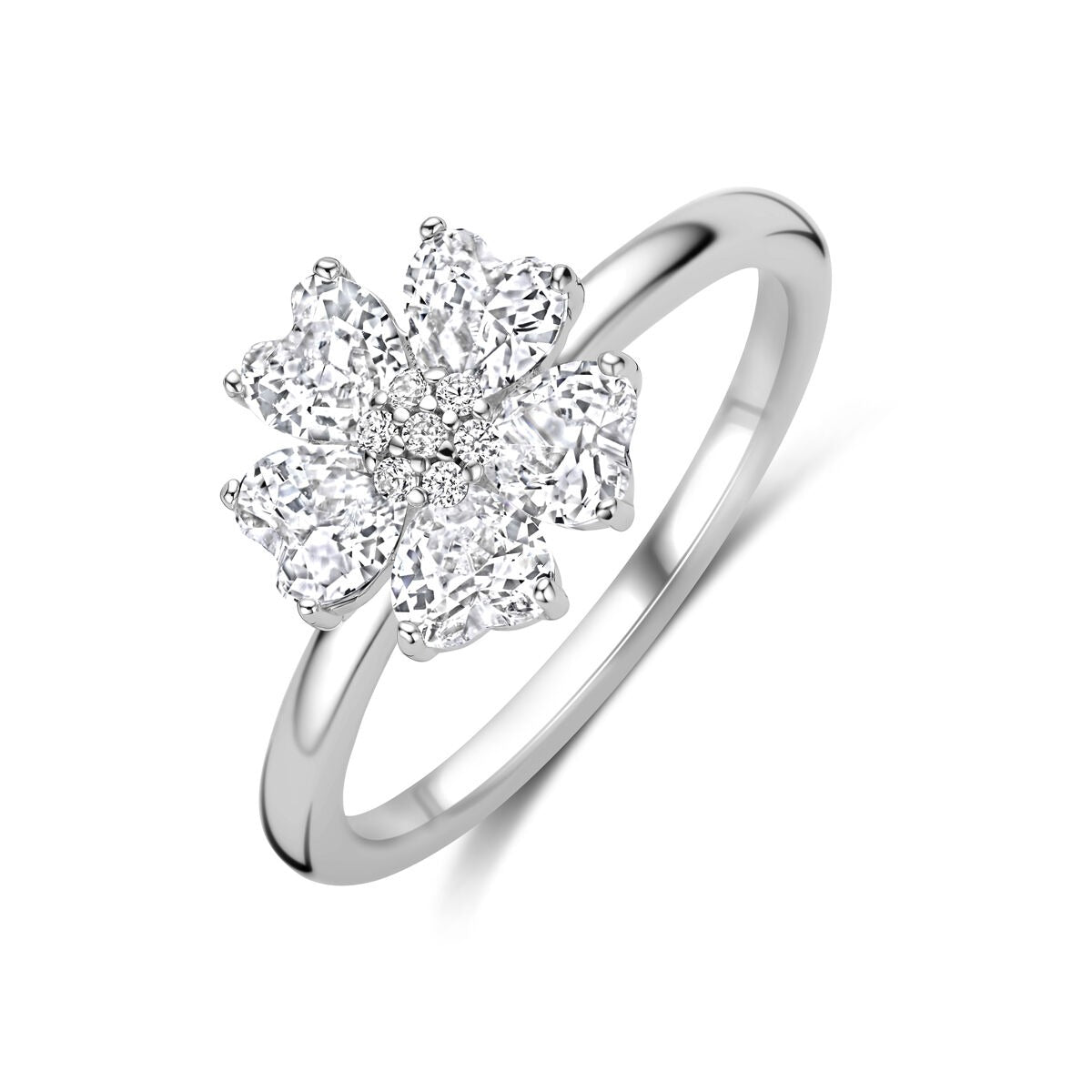 Gerhodinierter Silberring für Damen mit herzförmigem Zirkonia in Blütenform, Durchmesser 10 x 10,5 mm