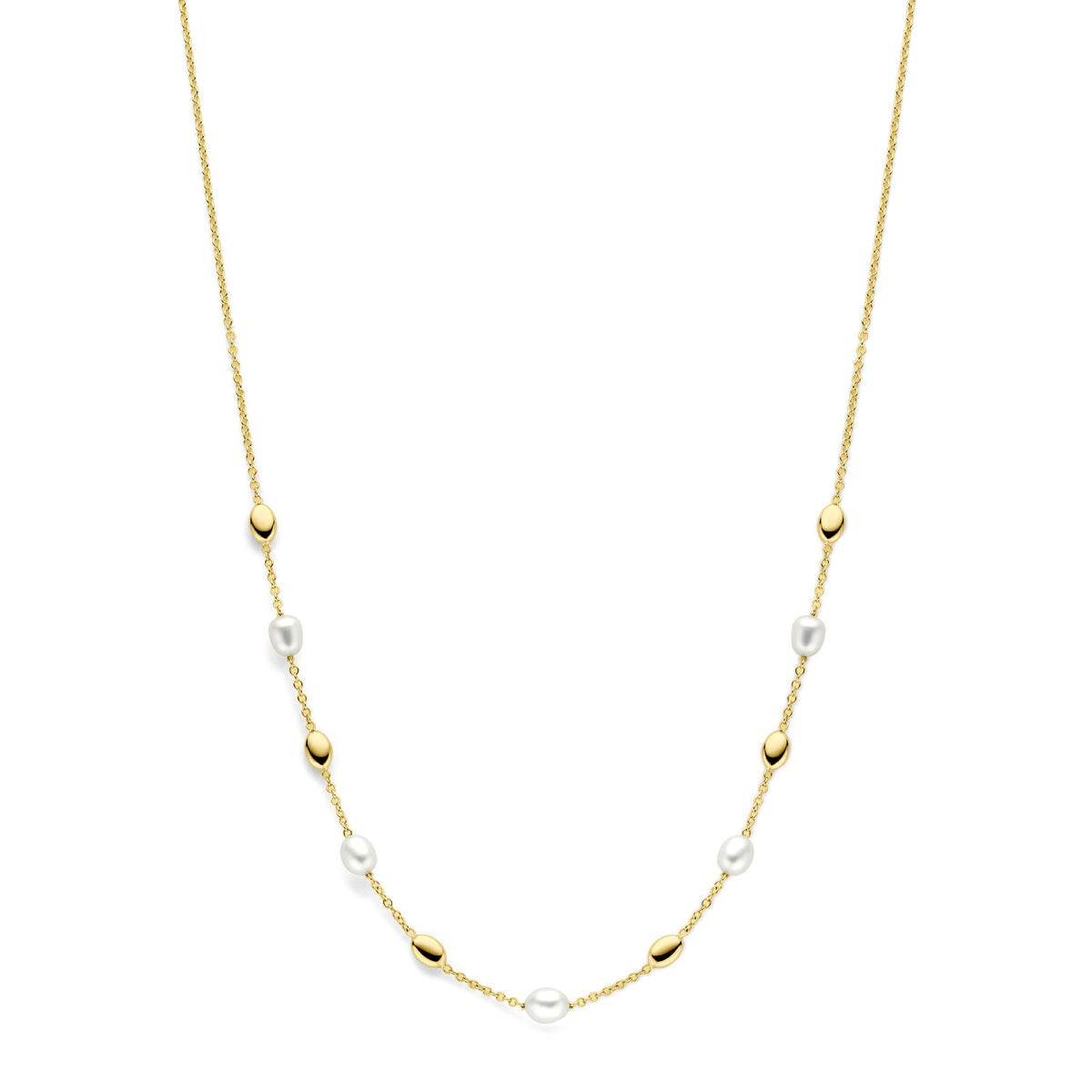 14k gold necklace with pearls and gold beads, featuring a delicate chain design