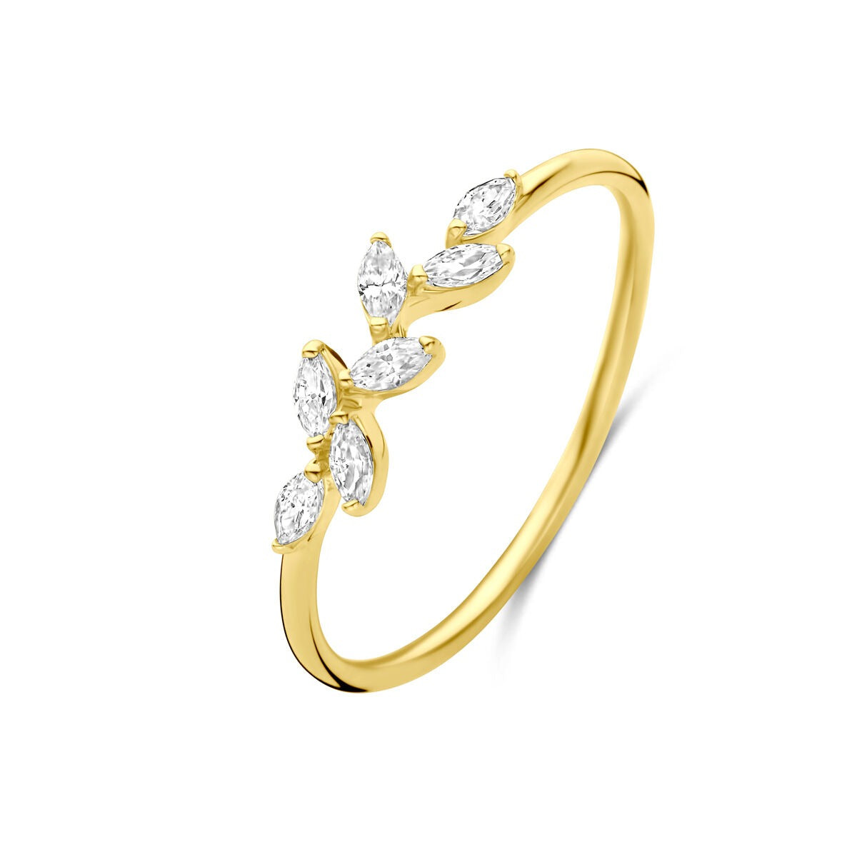 Damenring aus 14k Gold mit ovalem Zirkonia und blattförmigem Design