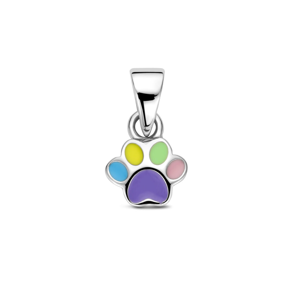 Hänger aus rhodiniertem 925 Silber mit emaillierter Hundepfote in lila, blau, grün und rosa