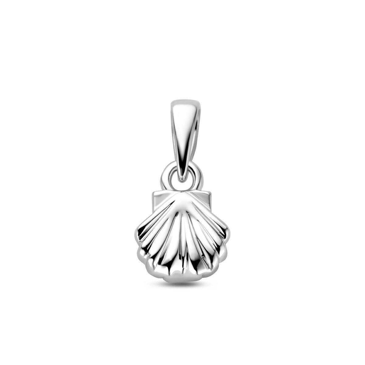 Hänger in Muschelform aus rhodiniertem 925 Silber mit feinen Details und glänzender Oberfläche
