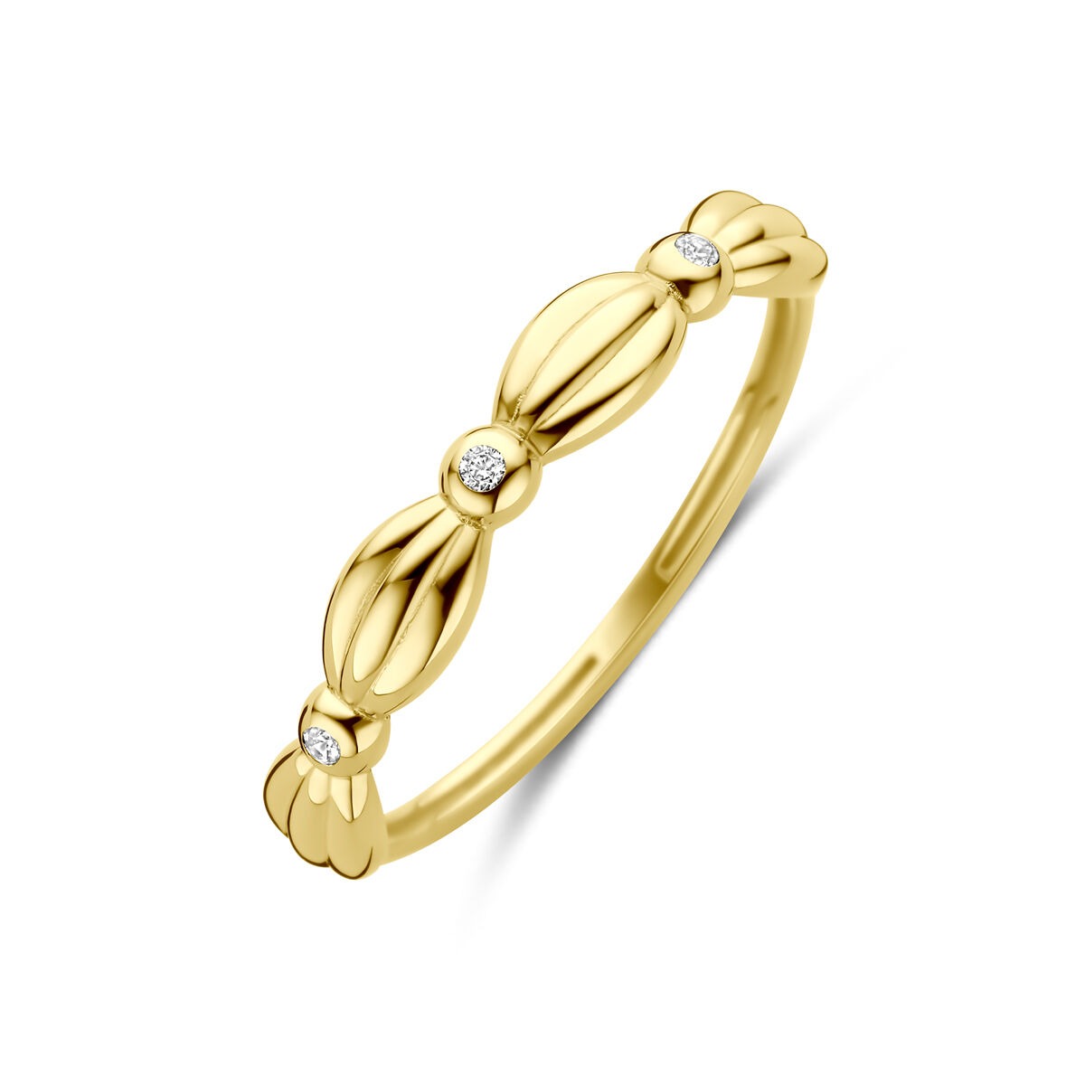 Damenring aus 14k Gelbgold mit drei Zirkonia und geschwungener Form