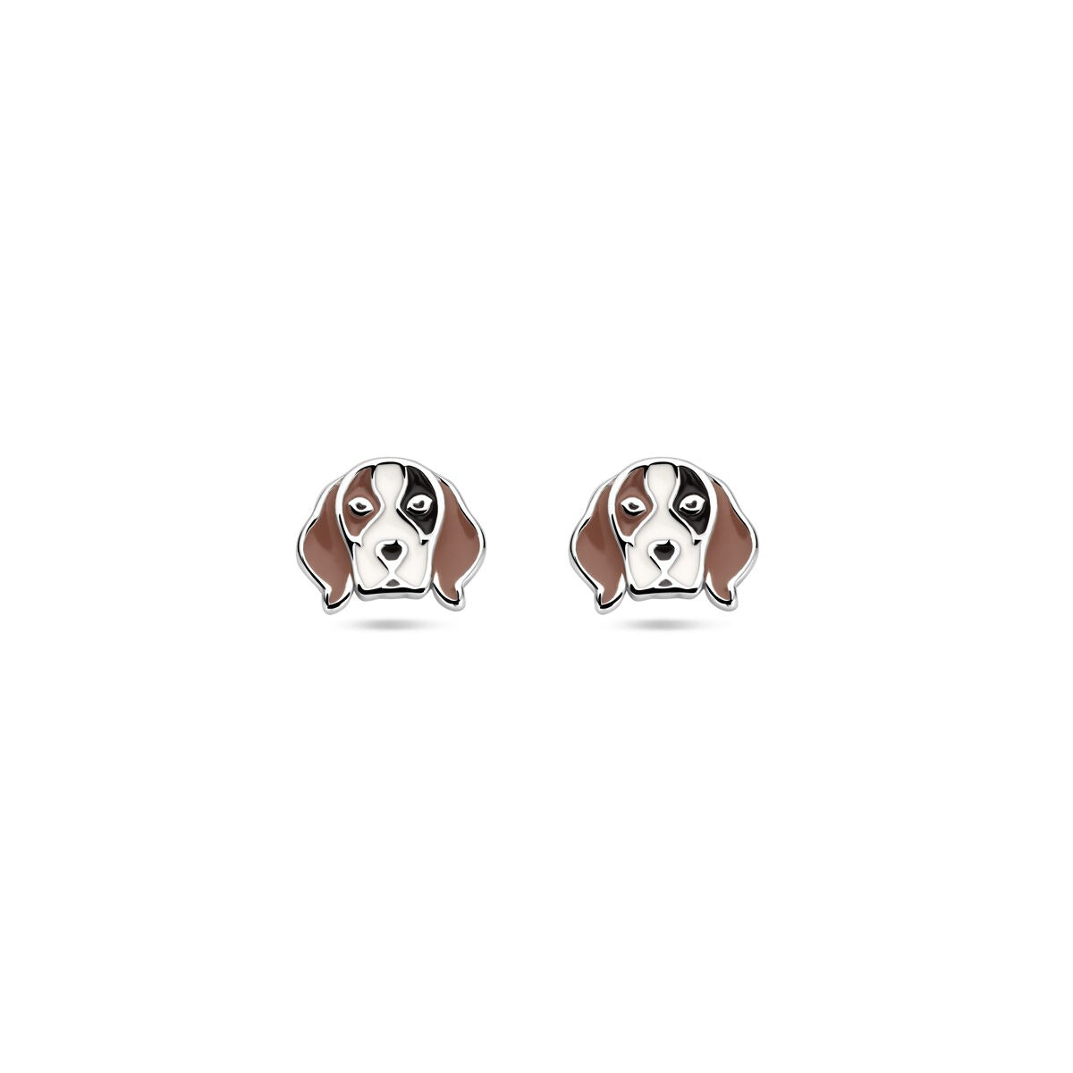 Silberne Kinder-Ohrstecker in Form eines Hundekopfes mit braunen und weißen Details, Durchmesser 7 mm