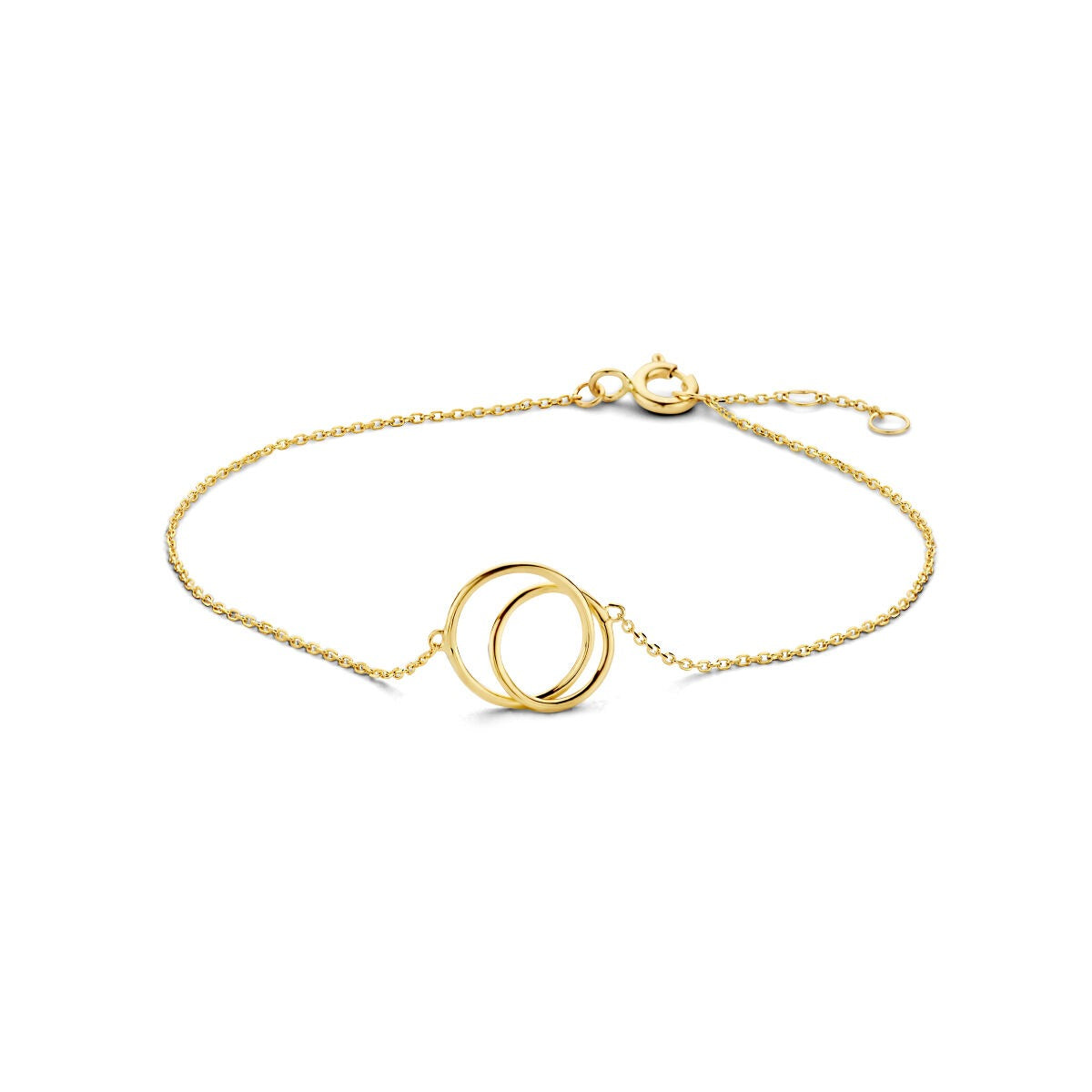 Damenarmband aus 9k gelbgold mit zwei verbundenen Ringen und verstellbarer Länge