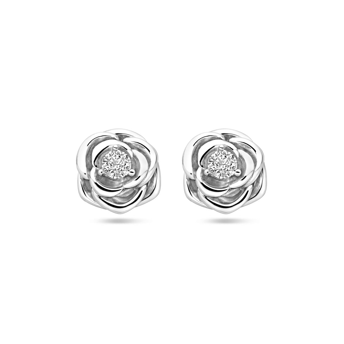 Silberne Ohrstecker in Rosenform mit Zirkonia in der Mitte