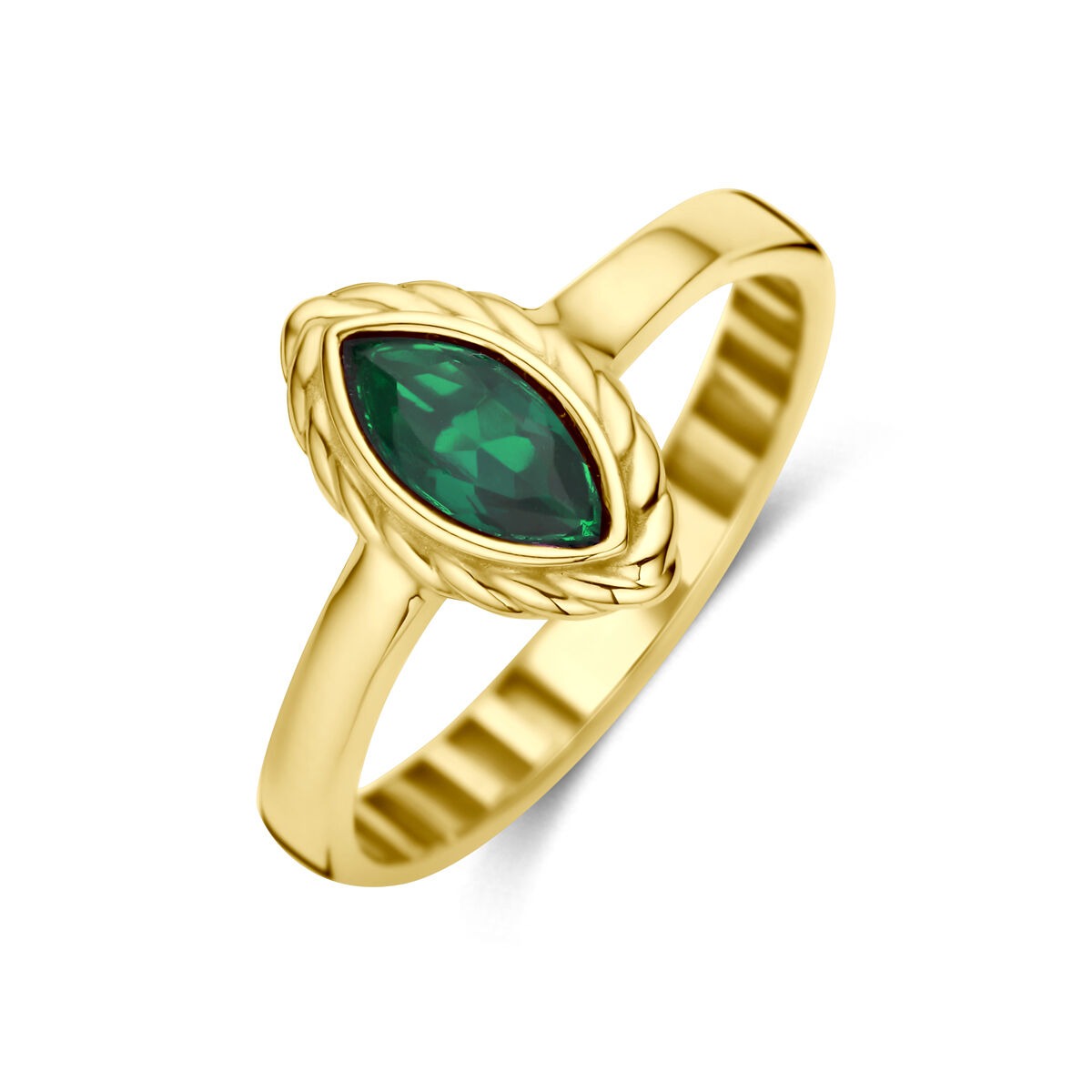 Ring aus 9 Karat Gelbgold mit grünem Zirkonia in marquiseförmiger Fassung